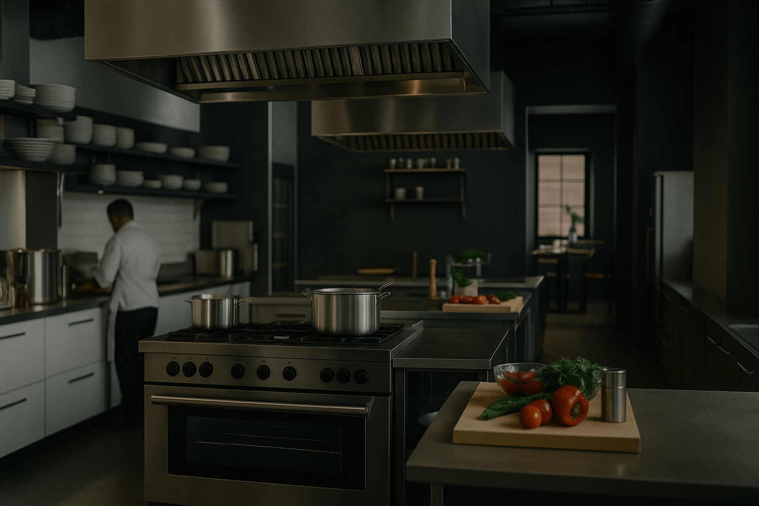 A commercial kitchen line with stainless prep counters and a gas range